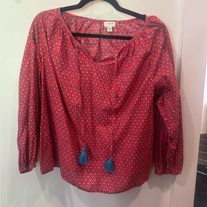 J. Crew Red Geometric Peasant Blouse with Blue Tassels